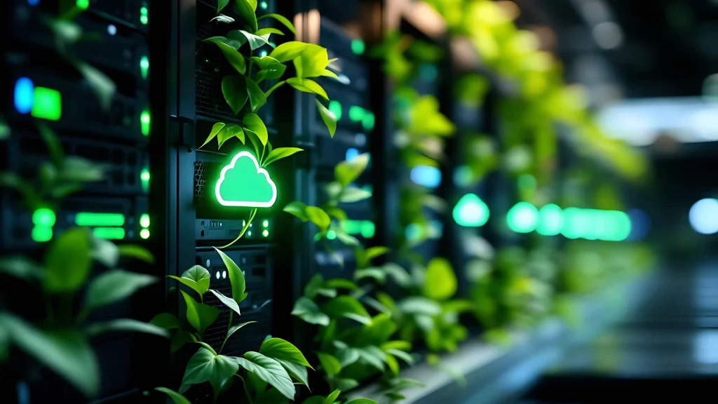 Carbon-neutral data centers and green cloud revolution with renewable-powered servers, AI cooling systems, and sustainable infrastructure