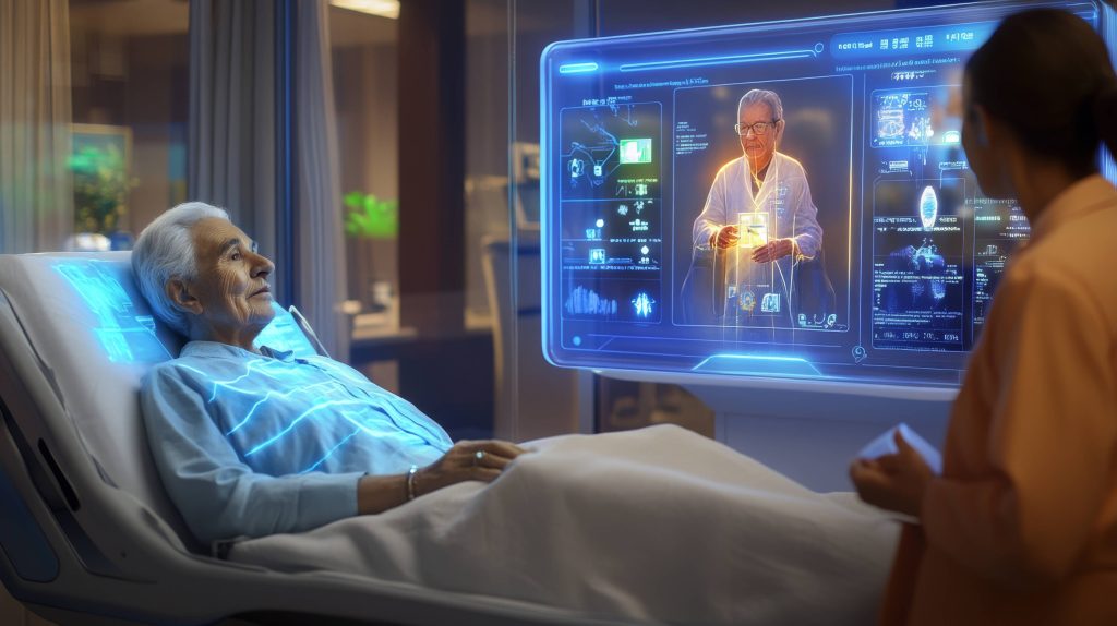 Senior using at-home healthcare technology to monitor health safely from home