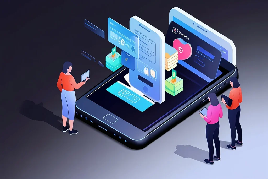 Diagram comparing application client container architecture and native mobile app development on enterprise smartphones