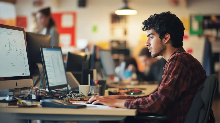 Front end web developer working on UI design while team discusses outsourcing options in a US office