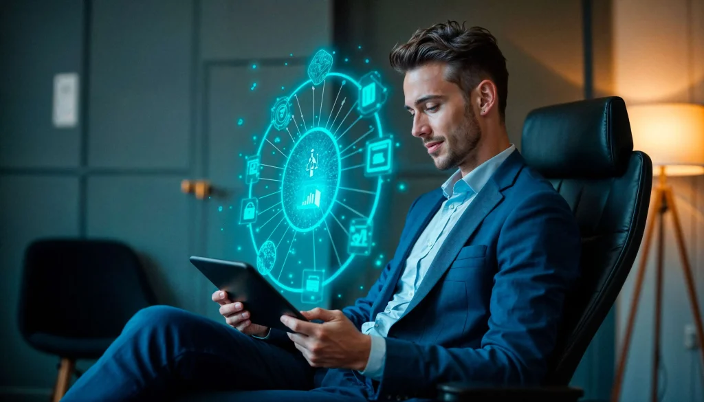 Business owner reviewing AI integration dashboard on laptop in modern office setting