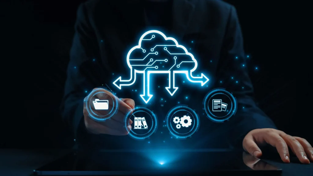 Cloud based HCM solutions dashboard showing employee management, payroll, and analytics tools