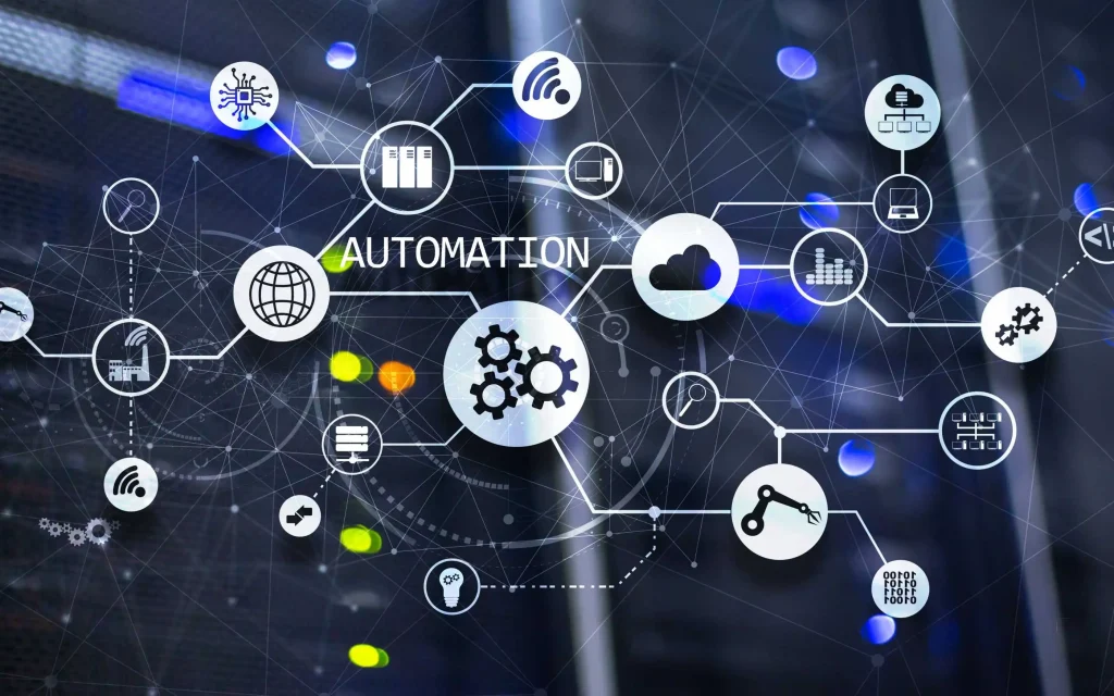 Business professionals using business process automation services to improve workflow efficiency, customer support, and scalable operations through AI-powered digital systems.