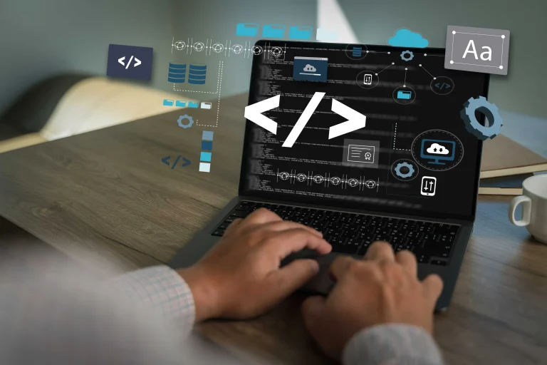 Custom web application development dashboard showing scalable cloud architecture, business analytics, API integrations, and enterprise workflow management tools.
