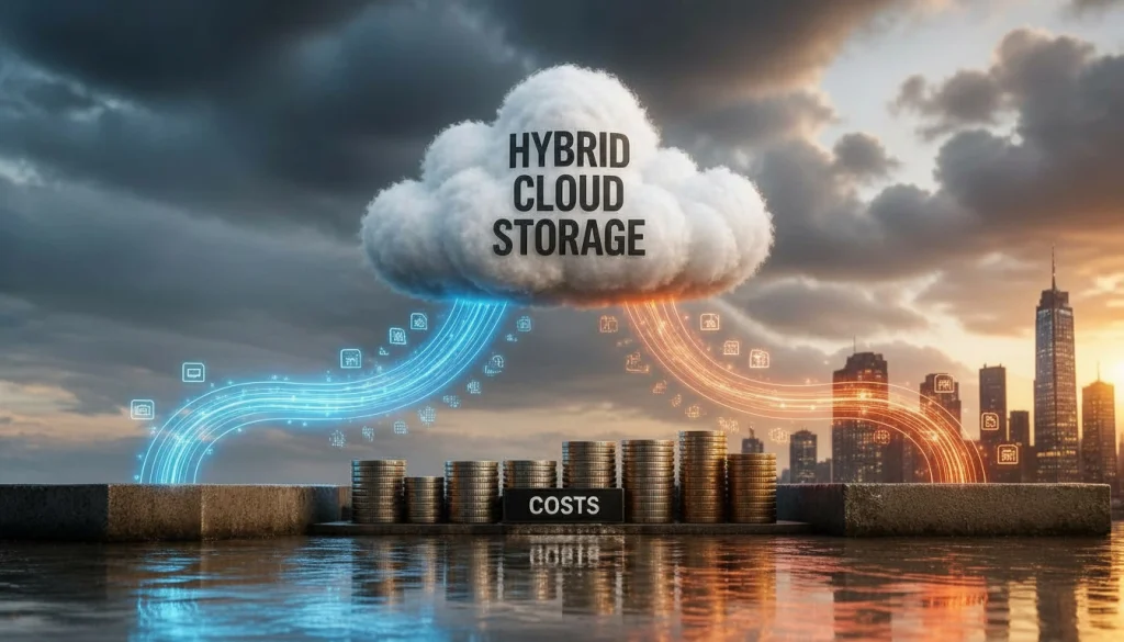 Hybrid cloud storage infrastructure dashboard showing enterprise data management across on-premises servers, AWS, and Azure platforms with cloud cost optimization analytics.