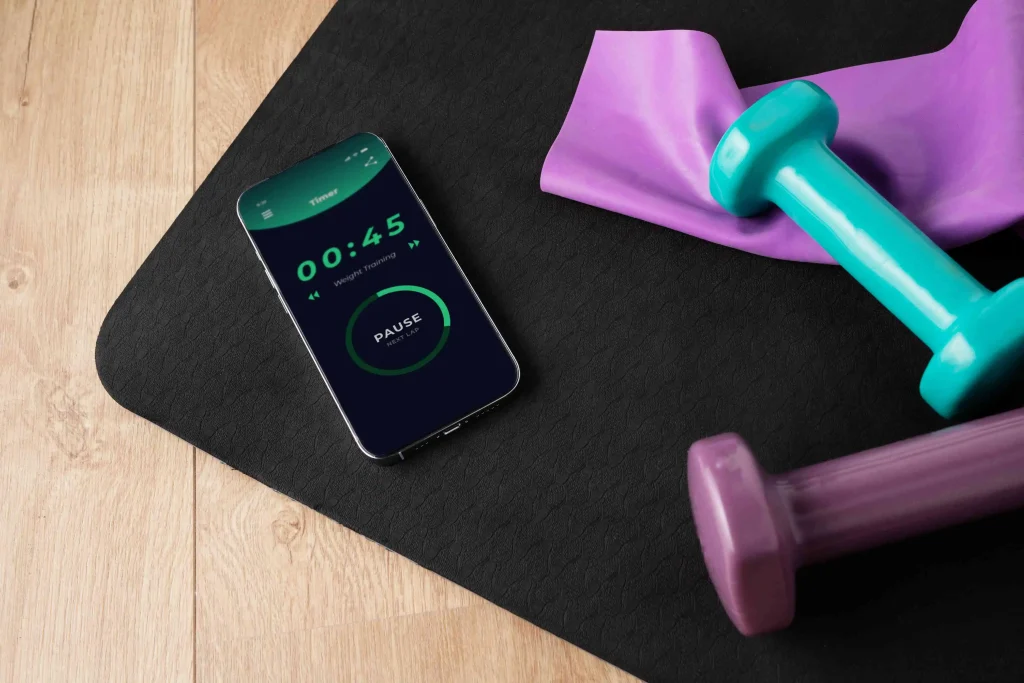 Fitness app development services illustration showing AI-powered workout tracking, personalized fitness coaching, wearable device integration, subscription management, user engagement analytics, progress tracking, and mobile app features designed to improve retention, recurring revenue, and long-term user growth.