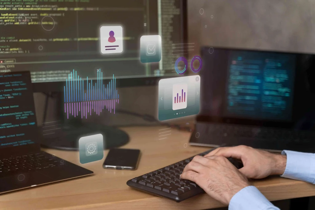 Business team replacing a legacy desktop application with a progressive web app, showing seamless access across desktop, tablet, and mobile devices.